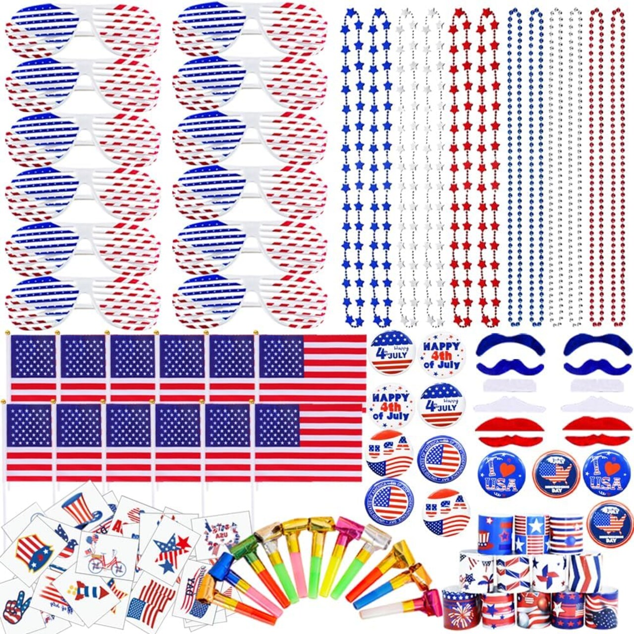 156pcs Patriotic Party Favors – Flags, Sunglasses, Necklaces, Slap Bracelets, Blowouts, Mustaches, Brooches & Stickers for 4th of July